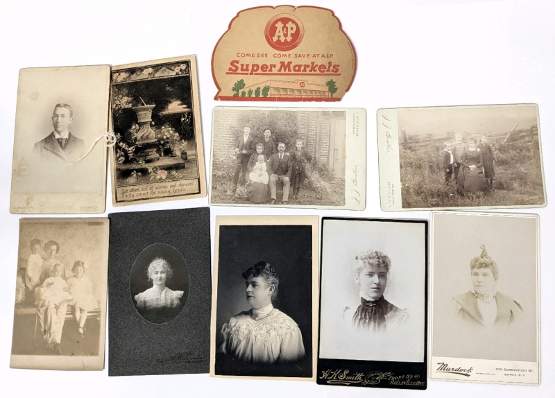 8 Antique (1900) to Vintage Cartes de Visites / Portrait Cards / Photographs, Raphael Tuck England Christmas Card & A&P Supermarkets Advertising Sewing Needle Kit
