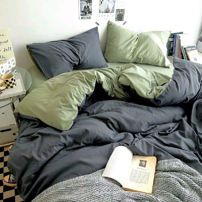 New 3-Piece Reversible Duvet Cover & Pillowcase Set : Sage Green / Slate - 135cm &times; 200cm