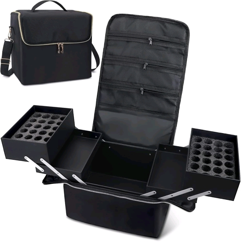 New Large Makeup Travel Train Case, Upgraded Plus Size Supply Organizer for Nail Tech, Black 4 Tier Cosmetic Box, Polish Makeup Storage Bag