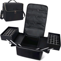 New Large Makeup Travel Train Case, Upgraded Plus Size Supply Organizer for Nail Tech, Black 4 Tier Cosmetic Box, Polish Makeup Storage Bag