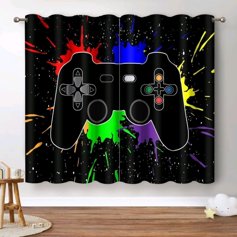 New Kids / Game Room Video Game Controller Colorful Splatter Curtain Panel 2-Pack | 60cm &times; 150cm