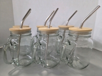 6 New | Modern 5" Glass Jars w/ Bamboo Lids & Stainless Steel Straws |