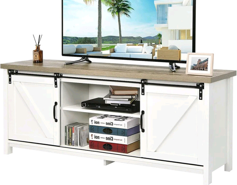 New - Tangkula Wood TV Stand , TV Ark w/Sliding Barn Doors, Wooden TV Cabinet w/2 Center Compartments & 2 Cabinets, Barn Door TV Stand, Natural Design (White Oak) . See Photos for measurements . Some Assembly Required . Retail $230