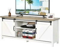 New - Tangkula Wood TV Stand , TV Ark w/Sliding Barn Doors, Wooden TV Cabinet w/2 Center Compartments & 2 Cabinets, Barn Door TV Stand, Natural Design (White Oak) . See Photos for measurements . Some Assembly Required . Retail $230