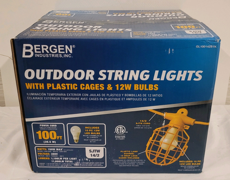 New - Bergen Outdoor Temporary String Lights 100ft 14/2 Cord 15A Male and Female w/10 Cages & LED Bulbs . Retail $190