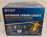 New - Bergen Outdoor Temporary String Lights 100ft 14/2 Cord 15A Male and Female w/10 Cages & LED Bulbs . Retail $190