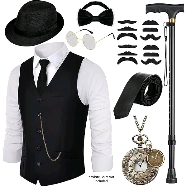 New Size LG Men's 1920's Dapper Old Man Costume / Disguise Kit: Hat, Vest. 12 Fake Moustaches, Foldable Cane, Wire-Frame Glasses, Bow Tie, Suit Tie, Prop Pocket Watch | Retails $49.99!