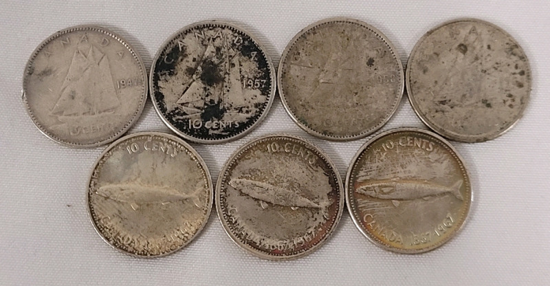 1947 - 1967 Canadian Silver 10 Cent Dimes . 1947 (maple leaf) , 1957 , 1958 , 1965 & 1967 &times;3 . Seven Coins