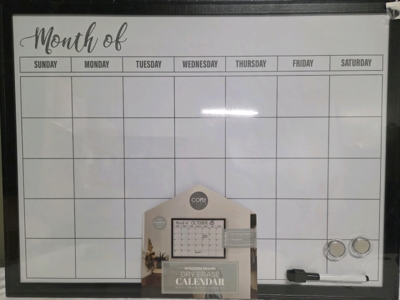 New | 18" x 24" Wooden Framed Dry Erase Calendar w/ 2 Magnets & 1 Dry Erase Marker