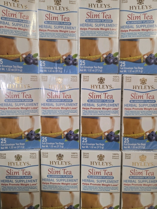 12 New 37.5g Boxes HYLEYS Blueberry Flavour Slim Tea Herbal Supplement | 25 Bags Per Box | Retails $84