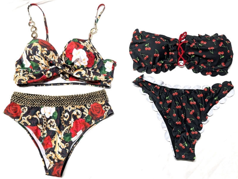 2 New Size XL Women's 2-Piece Bikini Bathing Suits : Roses with Golden Chains + Cherries
