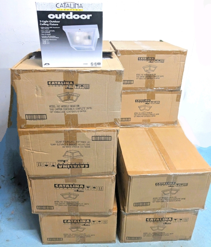 [Vendor Lot] 84 New CATALINA 2-Light Outdoor Ceiling Light Fixtures : White Finish With Translucent Glass Panels - 9.25" &times; 9.25" &times; 5" Tall Each / Model 2030L08
