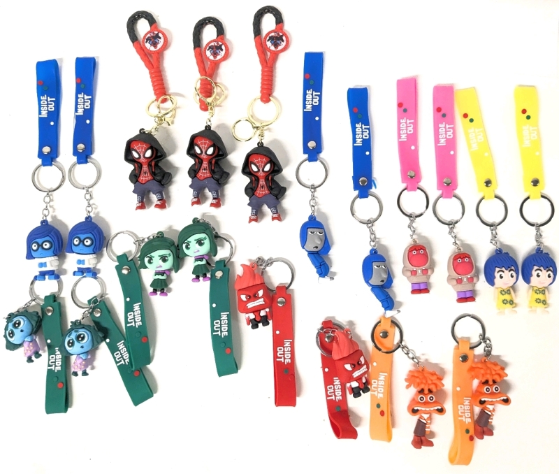 19 New 3D Figural Keychains with Wrist Straps / Loops : 3 SPIDER-MANS in Hoodies & 16 INSIDE OUT Characters - Figures Up to 2.75" Tall