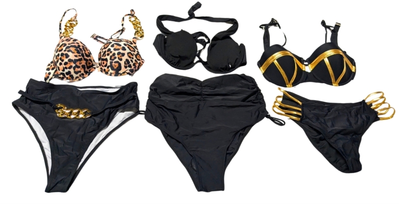 3 New Size XL Women's 2-Piece Bikini Bathing Suits : Leopard Chains, Black with Ruching, Black and Golden
