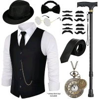 New Size LG Men's 1920's Dapper Old Man Costume / Disguise Kit: Hat, Vest. 12 Fake Moustaches, Foldable Cane, Wire-Frame Glasses, Bow Tie, Suit Tie, Prop Pocket Watch | Retails $49.99!