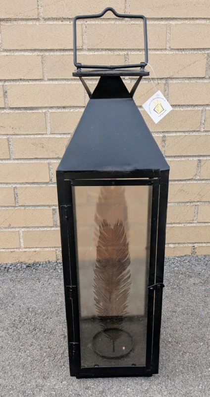 Huge & Sturdy Metal Hanging Outdoor Lantern for 3.5" Diameter Pillar Candles with Semi Translucent Feather Detail Glass Panels - 22" Tall