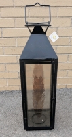 Huge & Sturdy Metal Hanging Outdoor Lantern for 3.5" Diameter Pillar Candles with Semi Translucent Feather Detail Glass Panels - 22" Tall