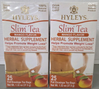 2 New 37.5g Boxes | Mango Flavour Hyleys Slim Tea Herbal Supplement | 25 Bags Per Box