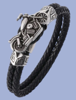 Distressed Hand Braided Leather Black Double Band Metal Motorcycle Design Bracelet Approximately Length 8 Inch Toggle Clasp