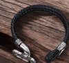 Distressed Hand Braided Leather Black Double Band Metal Motorcycle Design Bracelet Approximately Length 8 Inch Toggle Clasp - 3