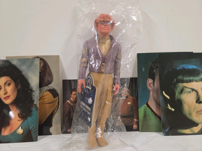 Vintage STAR TREK Collectibles Lot | Includes (5) 4" x 6" Postcards from 1991 & Sealed Proprietor Quark 9" Figure from 1994