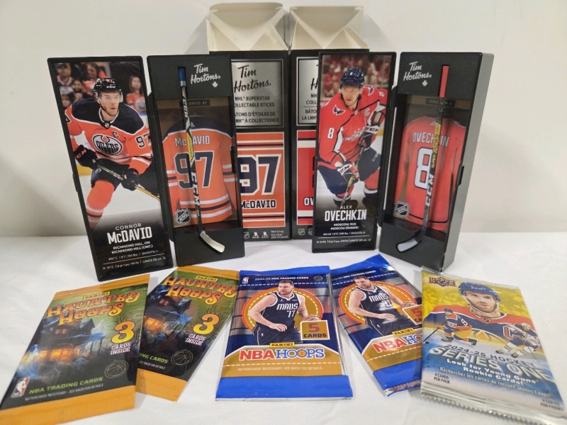 7 New | Sports Themed Collectables | Includes (5) Packs of Sport Cards and (2) TIM HORTONS NHL Superstar Collectable Sticks