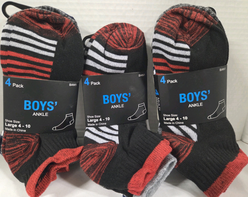 3 New Packs of 4 | Size 4-10 (LG) Boys Ankle Socks
