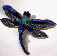 Statement Dragonfly Brooch Shades of Blue Rhinestone and Cabs Approximately 2.5 x 4 Inch