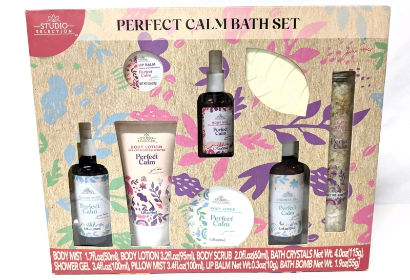 New Studio Selection 8-Piece PERFECT CALM BATH SET (Orange Blossom Scent) : Pillow Mist, Body Lotion, Lip Balm, Body Mist, Body Scrub, Bath Bomb, Shower Gel + Bath Crystals