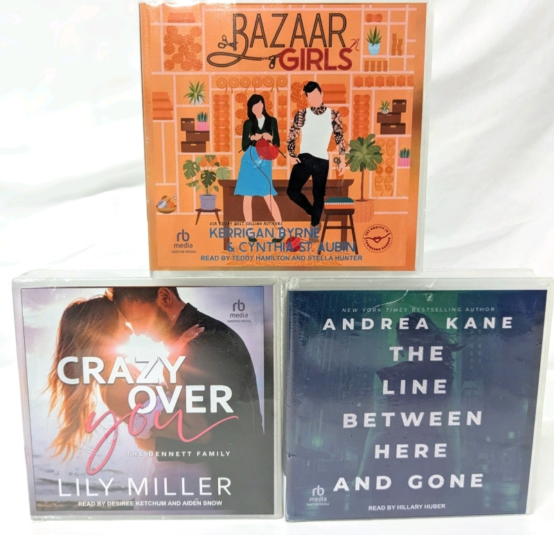 3 New Fiction/Fiction Romance CD Audiobooks : BAZAAR GIRLS, CRAZY OVER YOU & THE LINE BETWEEN HERE AND GONE | Over $120 Retail Value!