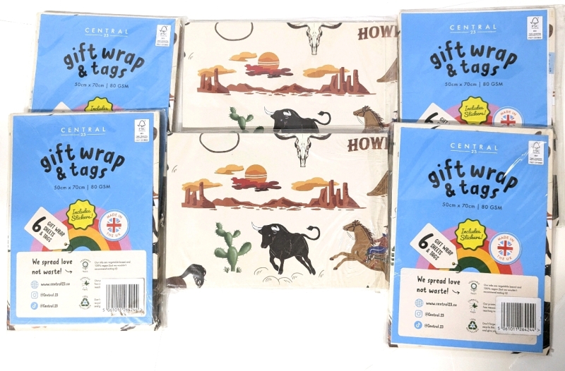 6 New Packs CENTRAL 23 UK Gift Wrap & Tags : Cowboy Wrapping Paper - 6 Sheets of Gift Wrap (50cm &times; 70cm) and Tags | Over $100 Retail Value!