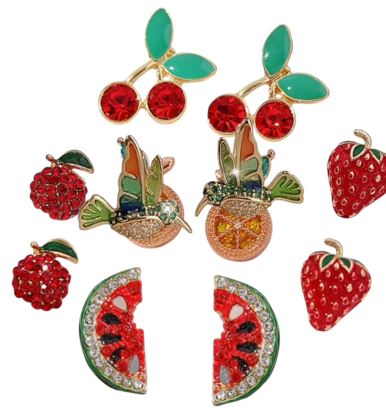 Fruit Theme Stud Earrings Set 4 Pairs Colourful Watermelon / Strawberry / Apple & Berry Enamel Rhinestone Hummingbird Studs