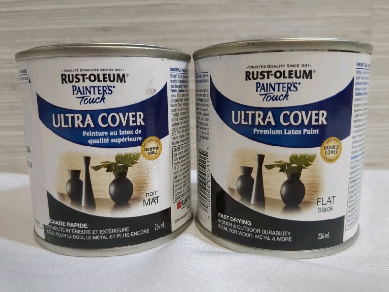 2 New Rustoleum Flat Black Ultra Cover Premium Latex Paint 236 mL each