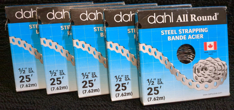 5 New Boxes Dahl All Round Steel Strapping 1/2 inch, 22ga, 25 ft long Retail Value $50