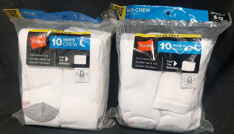 2 New Hanes 10-Pair Men's Mid-Crew Socks (Shoe Size 6-12)