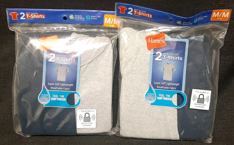 2 New Hanes Boys' Grey & Blue Tagless T-Shirts (M Size)