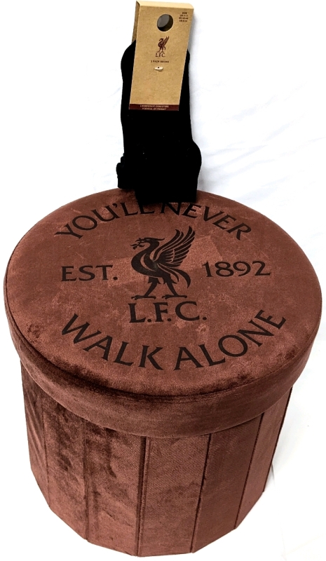 New LFC LIVERPOOL FOOTBALL CLUB Polyester Suede Folding Storage Stool + 3-Pack Size 8-12 Mens Trainer Socks | Over $50 Retail Value!