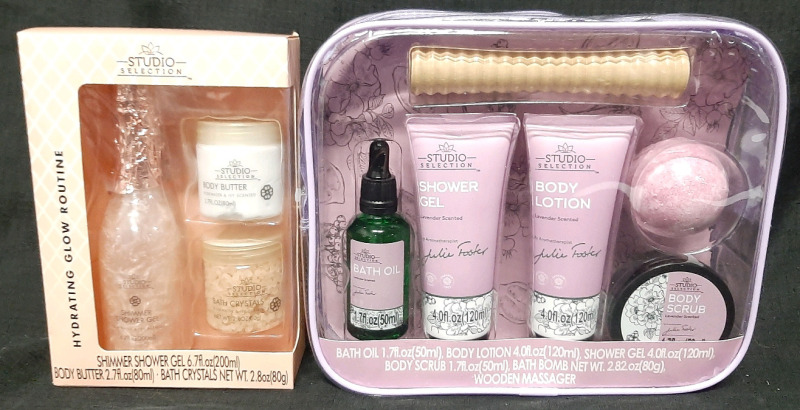 2 New Packs of Studio Collection Bath and Shower Products, Including Shower Gel, Body Butter, Bath Crystals, Bath Oil, Shower Gel, Body Lotion, Body Scrub and A Wooden Massager