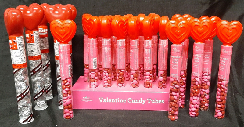 25 Nee Valentine Candy Tubes, 5 of Them Hershey's Kisses Tubes (Valentines Tubes 42g Each Best Before February 2026, Hershey Kisses 63g Each Best Before June 2025)