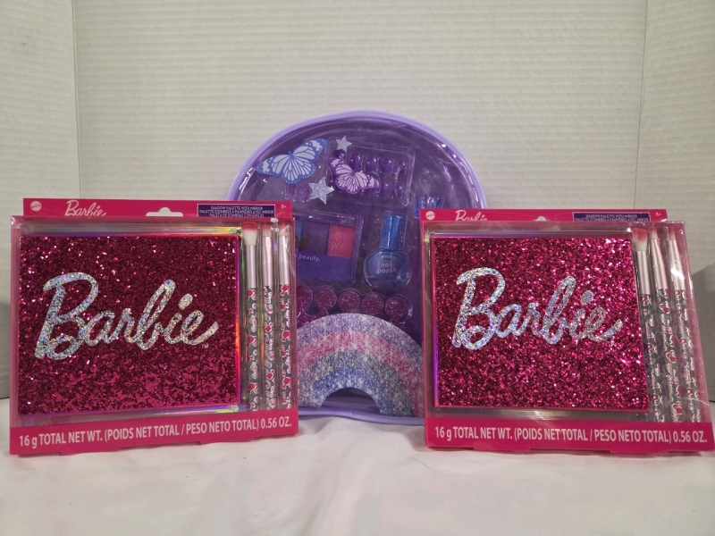 New | Girl's First Makeup Lot | Includes 2 Barbie Shadow Palette with Mirror & 1 MoodJoy Clean Beauty Makeup and Backpack