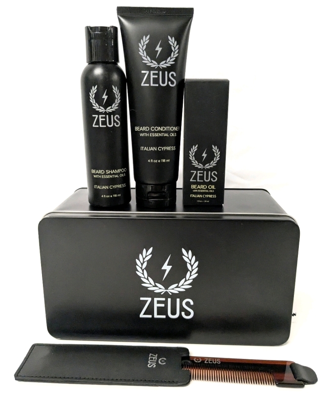 New ZEUS 4-Piece Italian Cypress Beard Care Set in Tin : Beard Shampoo 118ml, Beard Conditioner 118ml, Beard Oil 30ml & Beard Comb with Case 4.75" Long