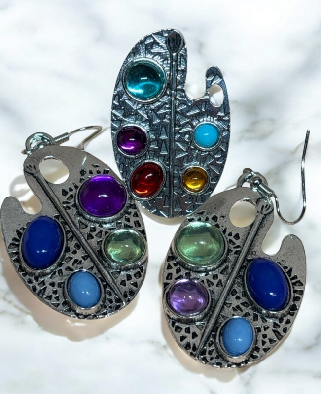 Ring and Pierced Earrings Paint Palette Cabochons Sheppard Hook Earrings 2.5 Inch Drop 1.5 Inch Ring Adjustable