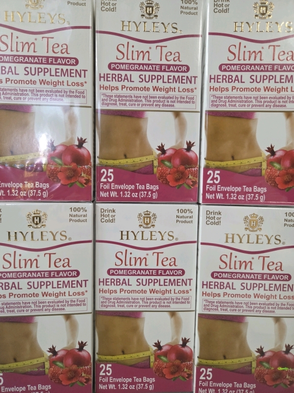 6 New 37.5g Boxes HYLEYS Pomegranate Flavour Slim Tea Herbal Supplement | 25 Bags Per Box | Retails $78