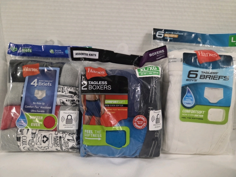New | HANES Apparel Lot | 10 Pairs of Size L Boys Briefs & 2 Pairs of XL Men's Boxers