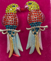 Vintage Glamour Parrot Earrings Rhinestone Embellished Textured Enamel Style Tail Feathers Approximately 2 x .8 Inch
