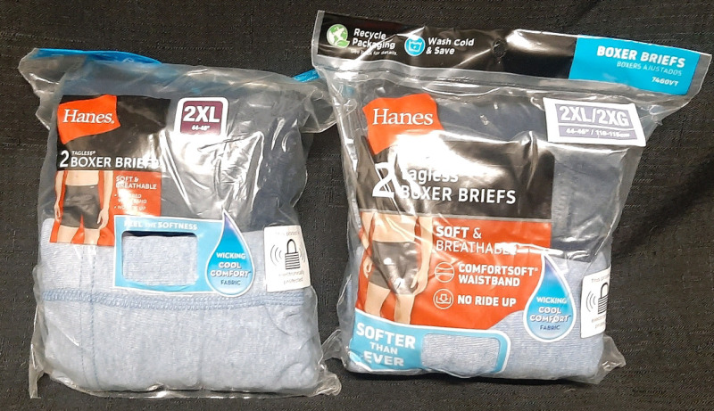 2 New Hanes Blue & Grey Tagless Boxer Briefs (2XL Size)
