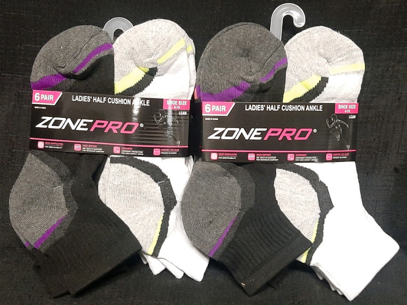 2 New 6-Packs of ZonePro Ladies' Half Cushion Ankle Socks (Shoe Size 4-10)