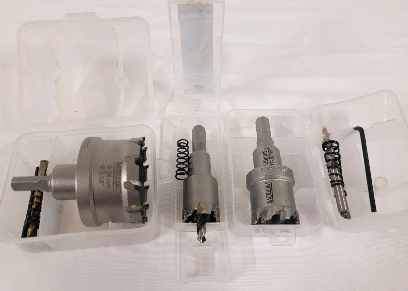 3 New Mollom Hole Saw Drill Bits . 2 1/8" , 1 3/16" & 1" diameter