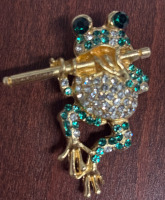 Vintage-Inspired Frog Flute Brooch with Sparkling Rhinestones Unique Enamel <br/>Approximately 1.6 x 2.20 Inch Back Pendant Bale