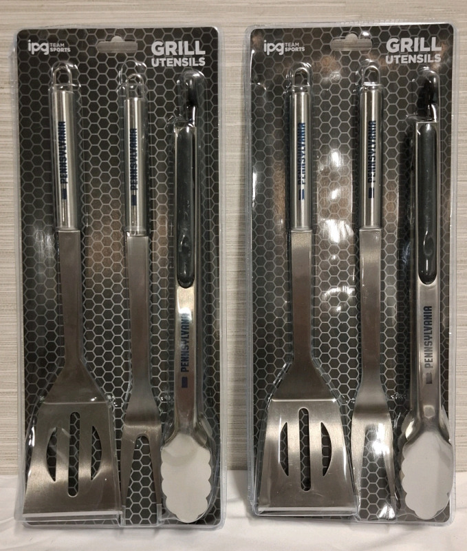2 New Sealed BBQ Tool Sets | Includes - Spatula, Tongs & Large Fork | Material- Stainless Steel | Spatula Height - 13.6"
